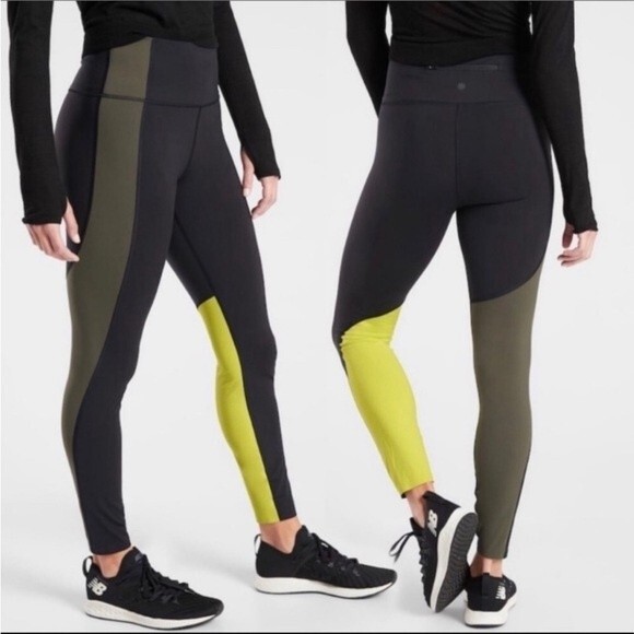 Athleta Asym Colorblock Tights Plush Supersonic Black Green Size Small - Picture 1 of 10